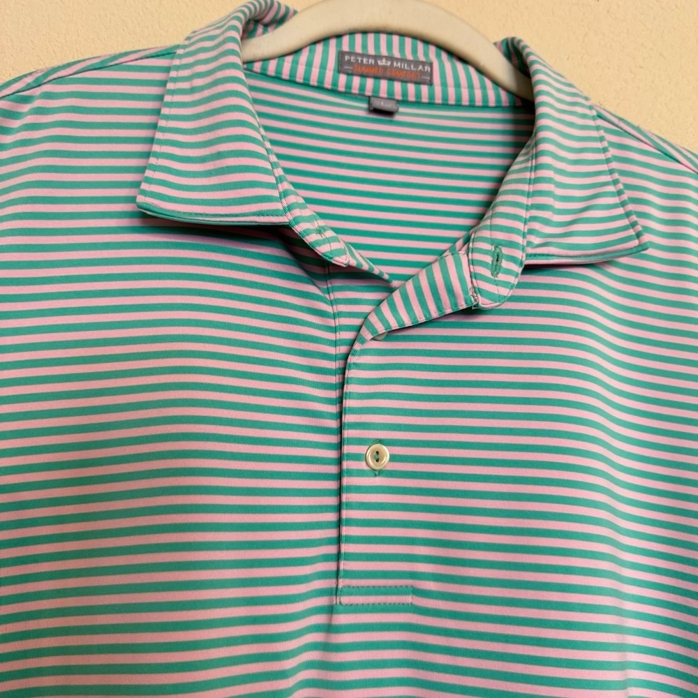 Peter Millar Polo Shirt Mens Sz L Green Pink Striped SUMMER COMFORT Golf Preppy